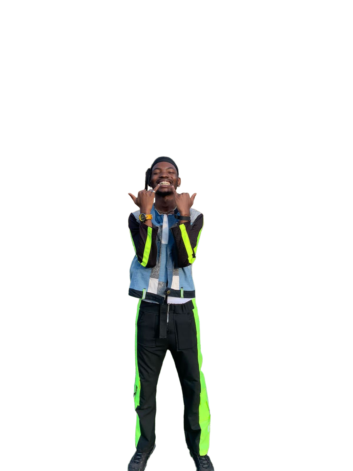 Green Lime Cargo Pants with Denim Jacket Back View